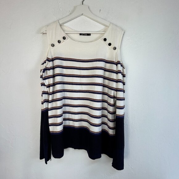 Nic+Zoe Womens Striped Linen Blend Cold Shoulder Knit Top XL Navy/White Casual - Picture 1 of 9